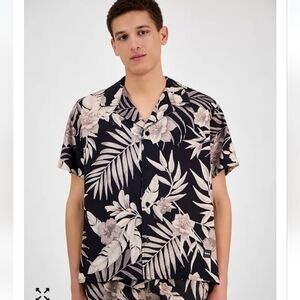 HUGO BOSS BLACK CREAM PRINTED MENS SHORT SLEEVE SWIM CASUAL SHIRT XXL